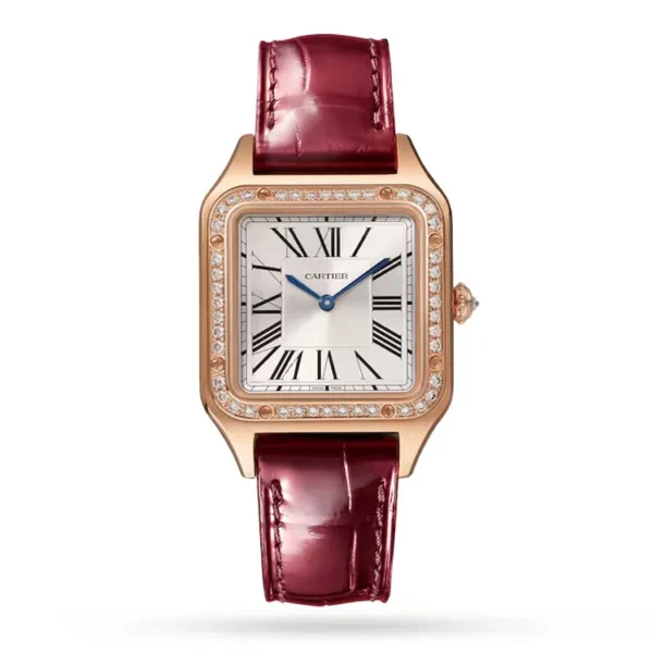 Cartier Santos Dumont Iced Out Women's Watch in 18K Rose Gold with Diamond Bezel, displayed on a white background for product visualization