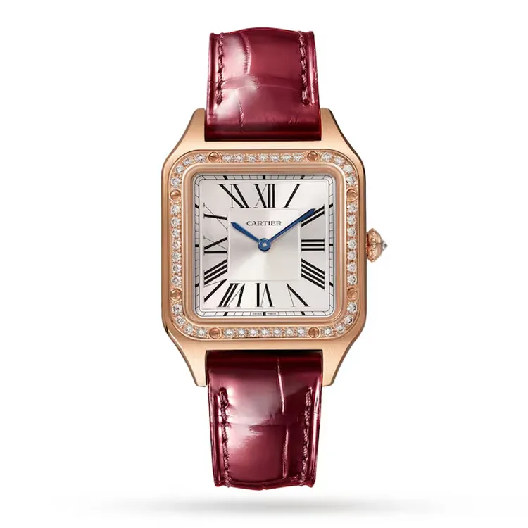 Cartier Santos Dumont Iced Out Women's Watch in 18K Rose Gold with Diamond Bezel, displayed on a white background for product visualization