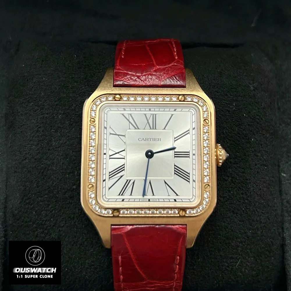 Ladies Cartier Santos Dumont WJSA0017 watch elegantly presented in its official watch box, showcasing its premium packaging.