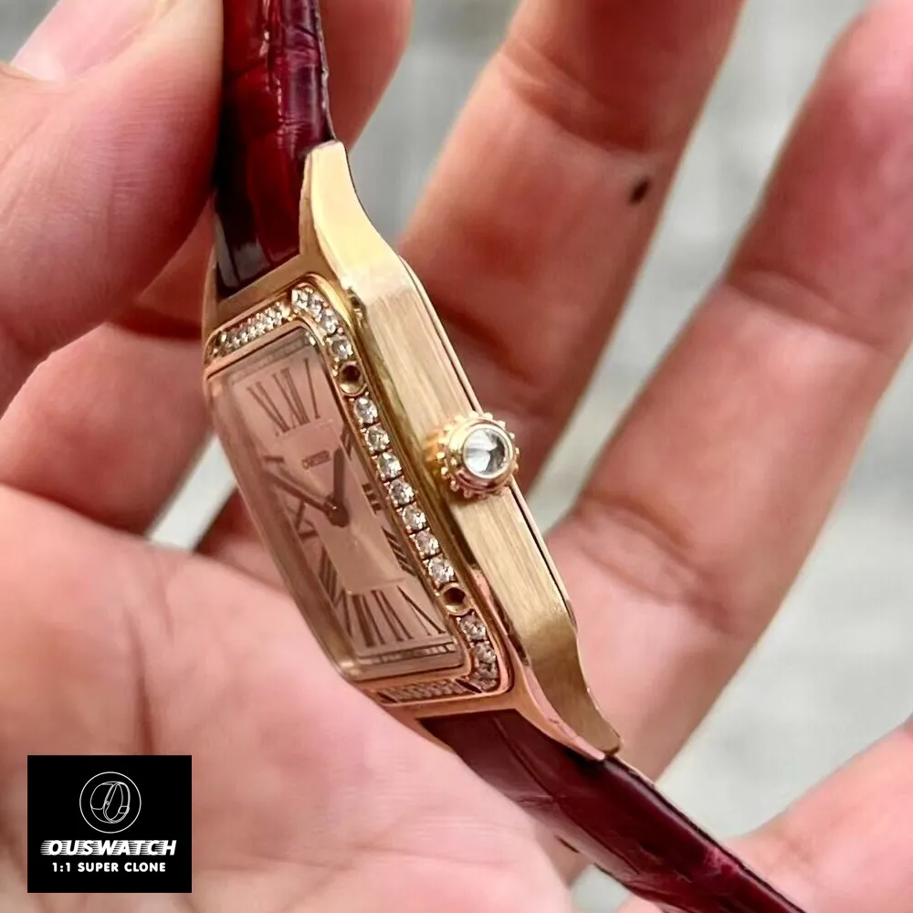 Side view of the Ladies Cartier Santos Dumont WJSA0017 watch, highlighting the rose gold case frame and diamond-set beaded crown.