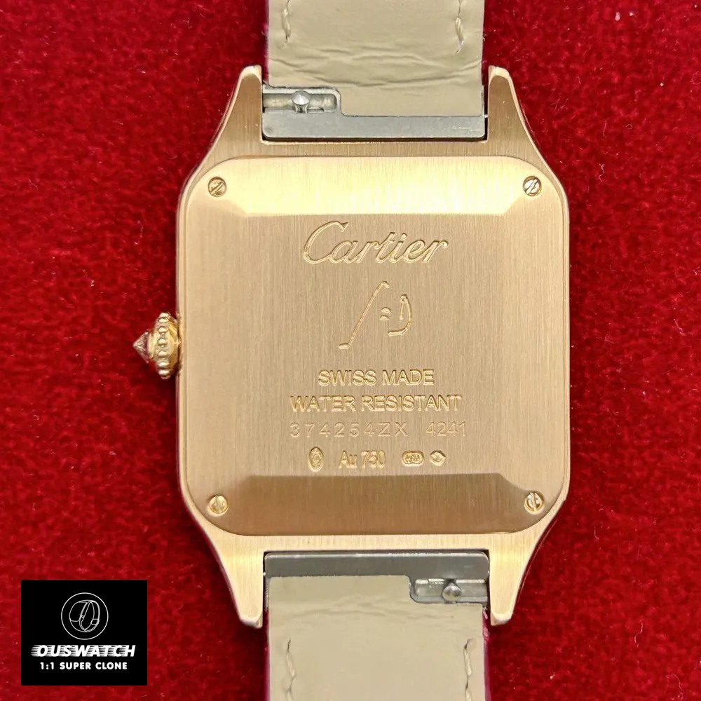 Back view of the Ladies Cartier Santos WJSA0017 watch, displaying the smooth rose gold case back and leather strap attachment.