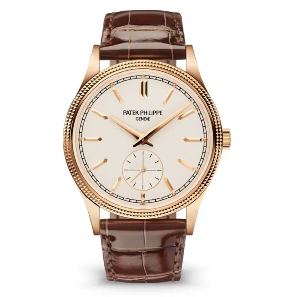 Patek Philippe Calatrava 6119R-001 Super Clone Watch in rose gold with silver dial, isolated on white background.