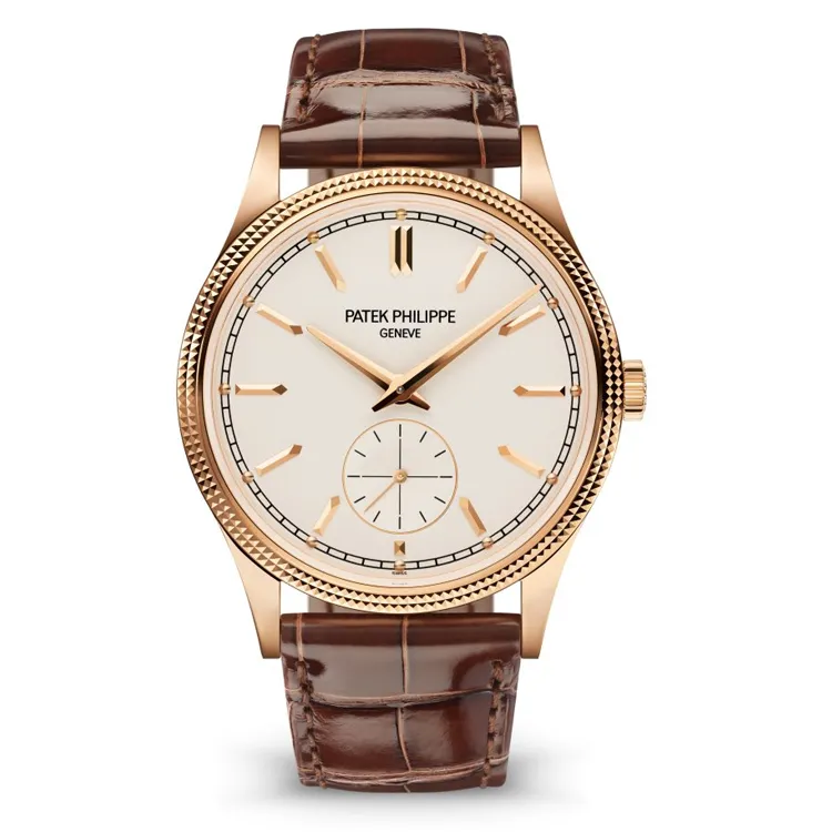 Patek Philippe Calatrava 6119R-001 Super Clone Watch in rose gold with silver dial, isolated on white background.
