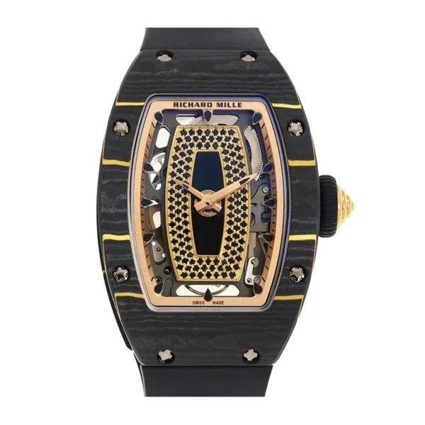 High-quality Richard Mille RM 07-01 ladies watch with rose gold case photographed against a clean white background. The luxury timepiece features the distinctive tonneau-shaped case characteristic of Richard Mille designs, showcasing the intricate details of this premium watch.