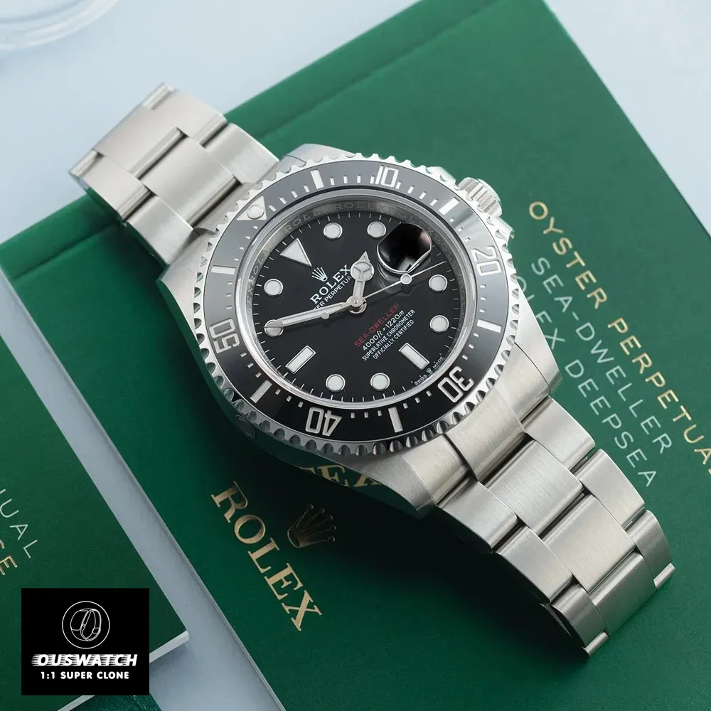 Panoramic view of Rolex Sea-Dweller 126600 with black dial, red 'Sea-Dweller' text, and Oyster bracelet