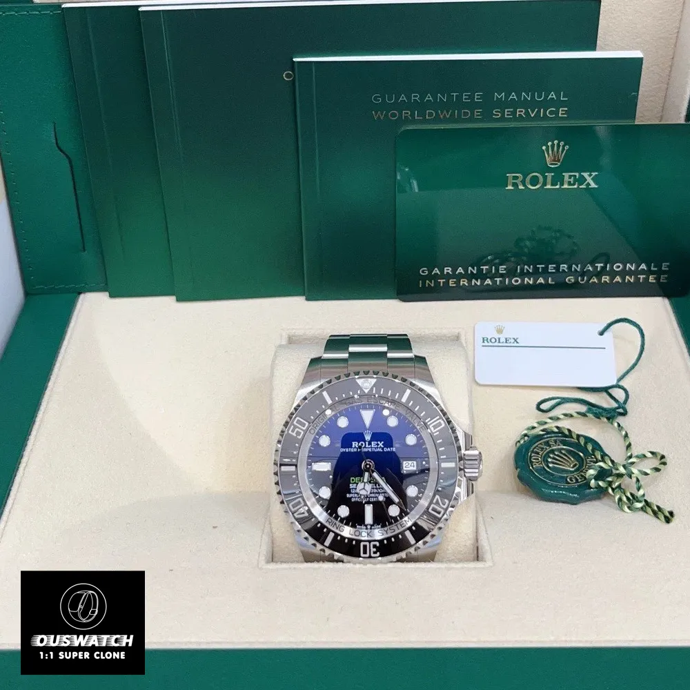 Rolex Deepsea 136660 Super Clone watch displayed in a branded packaging box. Shows the watch's 44mm case, D-Blue dial, and Cerachrom bezel.