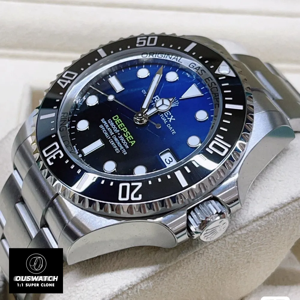 Detail of Rolex Deepsea 136660 Super Clone's black ceramic bezel and Triplock crown. Highlights the watch's precision engineering and design.