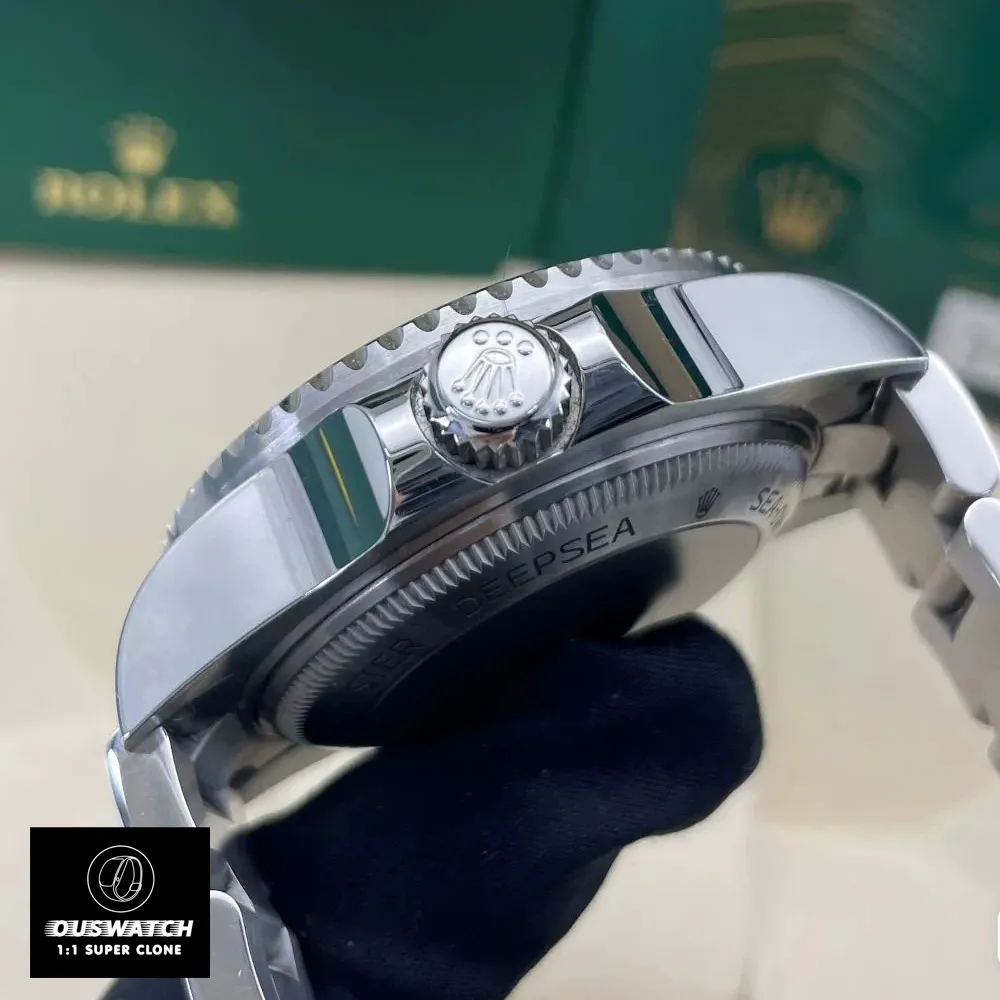 Close-up of Rolex Deepsea 136660 Super Clone's Triplock crown and helium escape valve. Shows the watch's advanced dive watch technology.