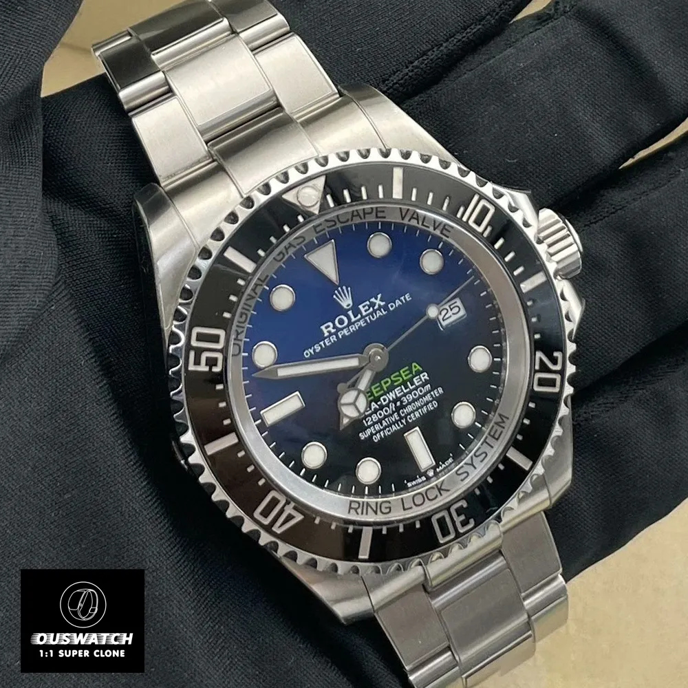 120-degree angle view of Rolex Deepsea 136660 Super Clone with D-Blue gradient dial, 44mm case, and Cerachrom ceramic bezel. Highlights the watch's deep-sea design and technical features.