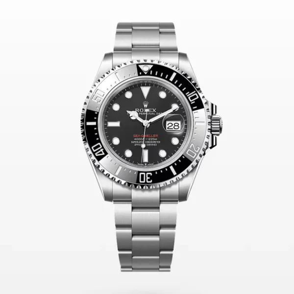 Rolex Sea-Dweller 126600 with 43mm Oystersteel case on white background, highlighting Cyclops lens and red 'Sea-Dweller' text"