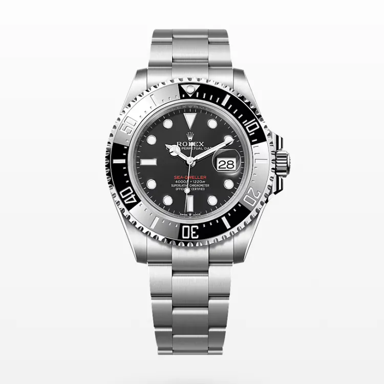Rolex Sea-Dweller 126600 with 43mm Oystersteel case on white background, highlighting Cyclops lens and red 'Sea-Dweller' text"