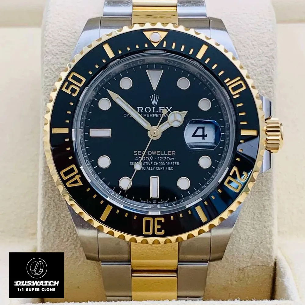 Front view of 43mm Rolesor Sea-Dweller with sunburst black dial and Cyclops date magnifier