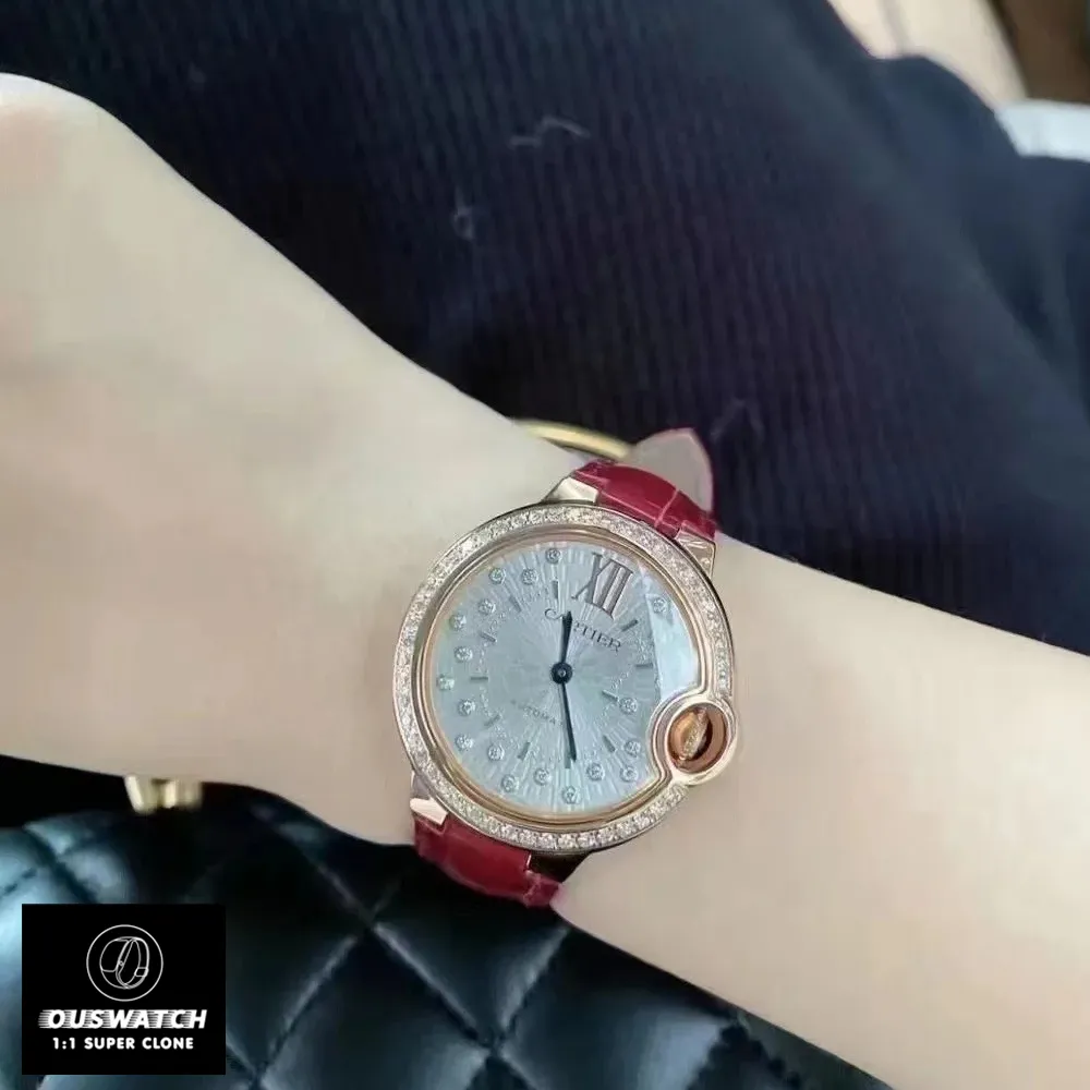 Ballon Bleu de Cartier WJBB0080 watch elegantly worn on a female wrist, featuring rose gold and diamonds.