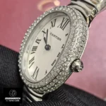 Cartier Baignoire dupe WJBA0020 fluted crown and diamond-encrusted bezel design.