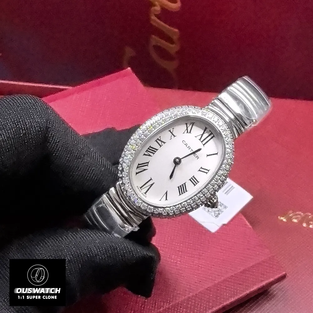 45-degree view of Cartier Baignoire small watch with silver dial and bezel contrast.