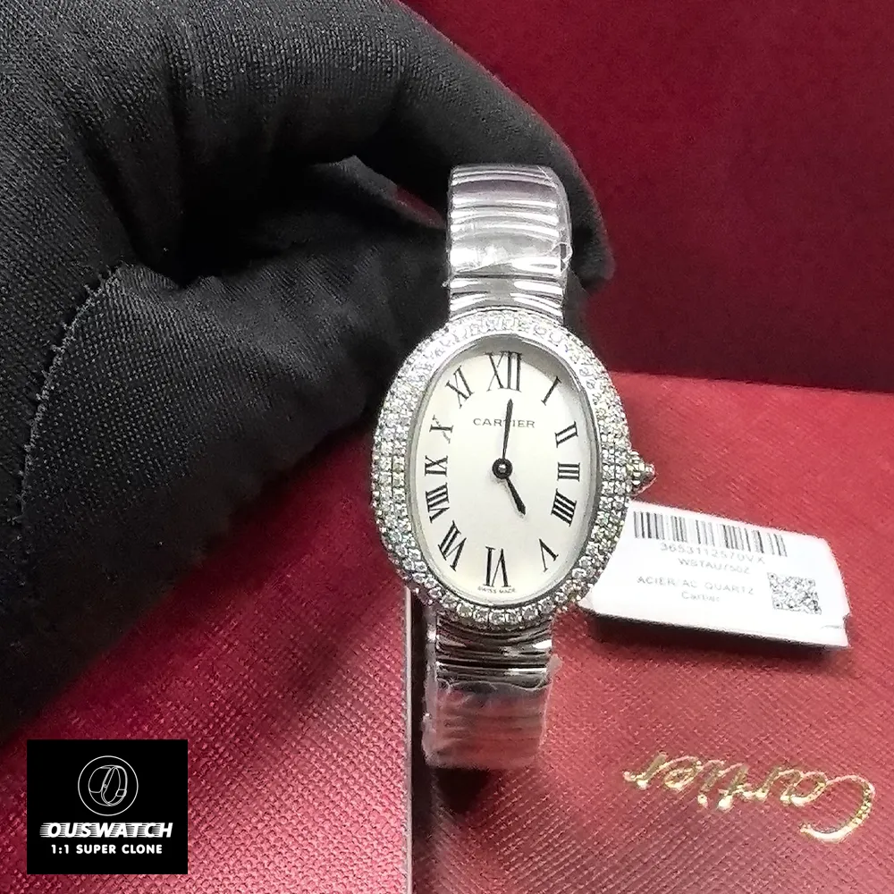 Cartier Baignoire White Gold WJBA0020 watch front view showcasing elegant oval case and diamond hour markers
