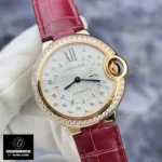 Close-up of Cartier Ballon Bleu WJBB0080, highlighting the diamond-paved dial and bezel design.