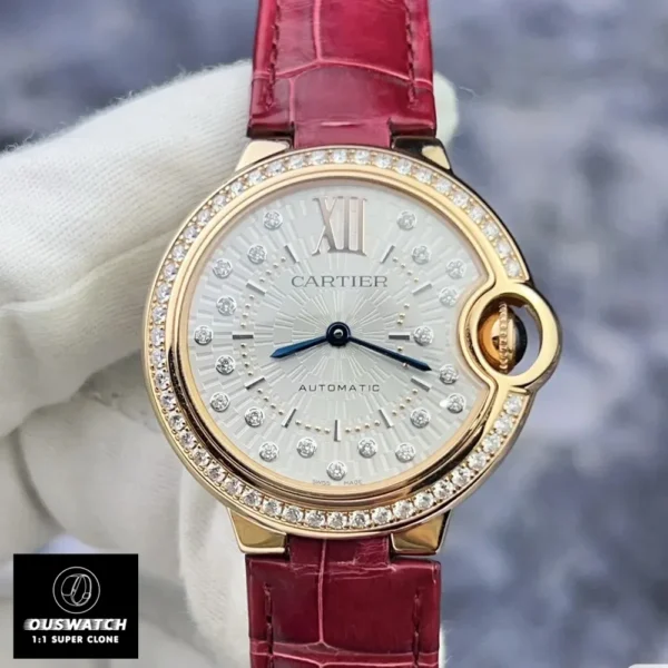 Front view of the Cartier Ballon Bleu ladies watch in rose gold with diamond-set bezel and dial.