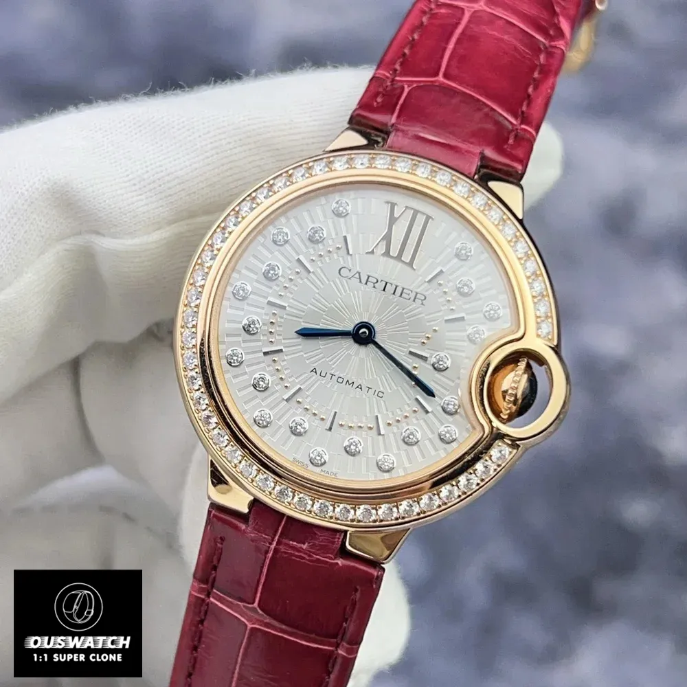 75-degree angle view of the Cartier Ballon Bleu ladies rose gold watch WJBB0080 with diamond accents.
