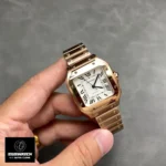 120° panorama of the Cartier Rose Gold Santos WGSA0031 Super Clone, emphasizing its angular Santos case shape