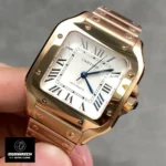 Cartier Santos 35 mm medium rose gold Super Clone watch shown at a 45° angle, highlighting its signature screw-set bezel