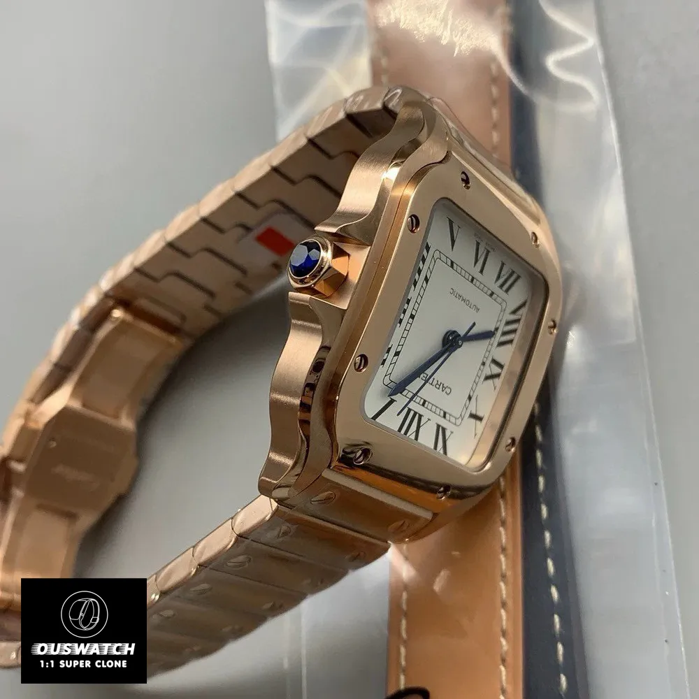 Close-up of the gold Cartier watch dupe Santos WGSA0031 crown, showcasing the 7-sided rose gold design