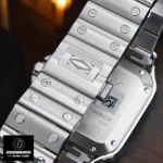 Detailed view of the Cartier Santos WSSA0029 Super Clone stainless steel bracelet, showing the screw-link construction