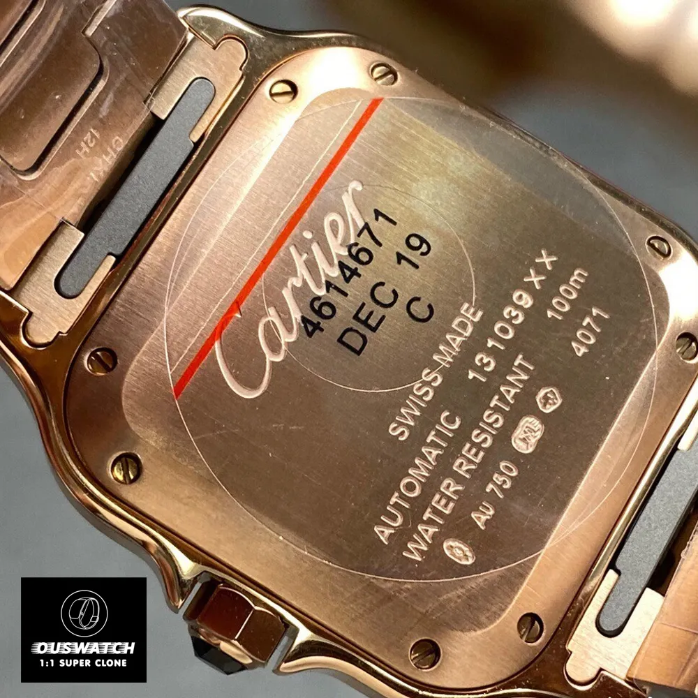 Exhibition caseback view of the Cartier Santos WGSA0031 Super Clone