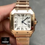 Direct front view of the Cartier Santos WGSA0031 Super Clone watch, showcasing its polished rose gold bezel and clean dial