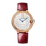 Cartier Ballon Bleu 33mm ladies watch WJBB0080 in rose gold with diamond bezel, displayed on a white background