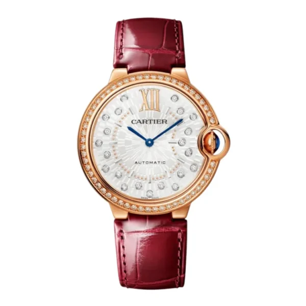 Cartier Ballon Bleu 33mm ladies watch WJBB0080 in rose gold with diamond bezel, displayed on a white background