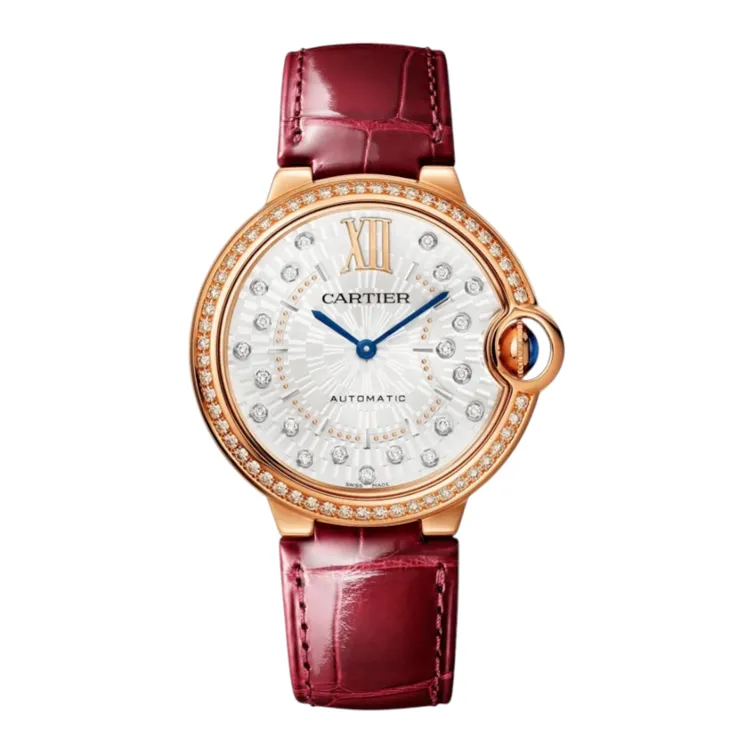 Cartier Ballon Bleu 33mm ladies watch WJBB0080 in rose gold with diamond bezel, displayed on a white background