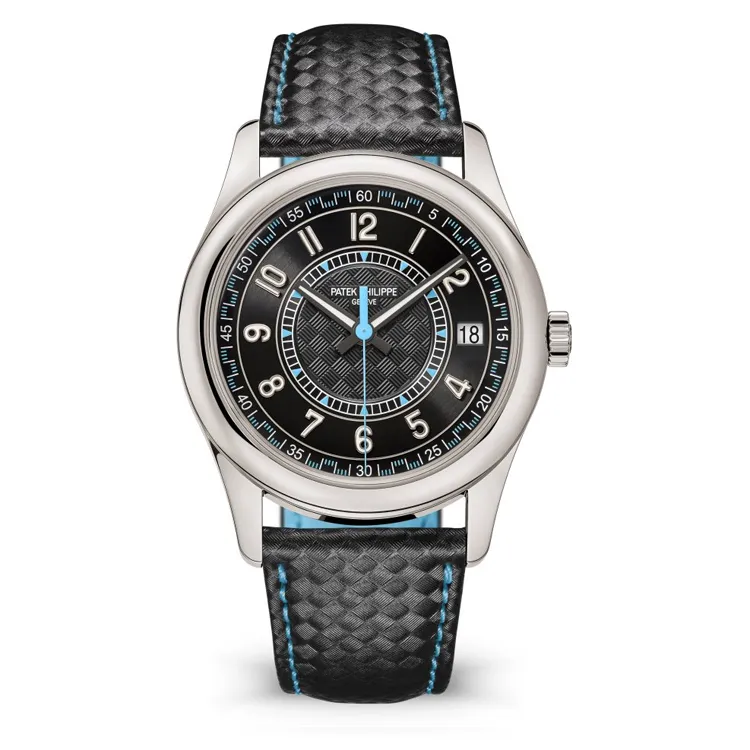 Patek Philippe Calatrava 6007G-011 Blue 40mm Super Clone Watch on white background, showcasing the white gold case and carbon fiber dial.