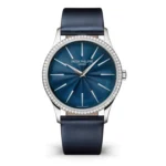 Patek Philippe Ladies Calatrava 4997/200G super clone watch with diamond bezel and blue satin dial.