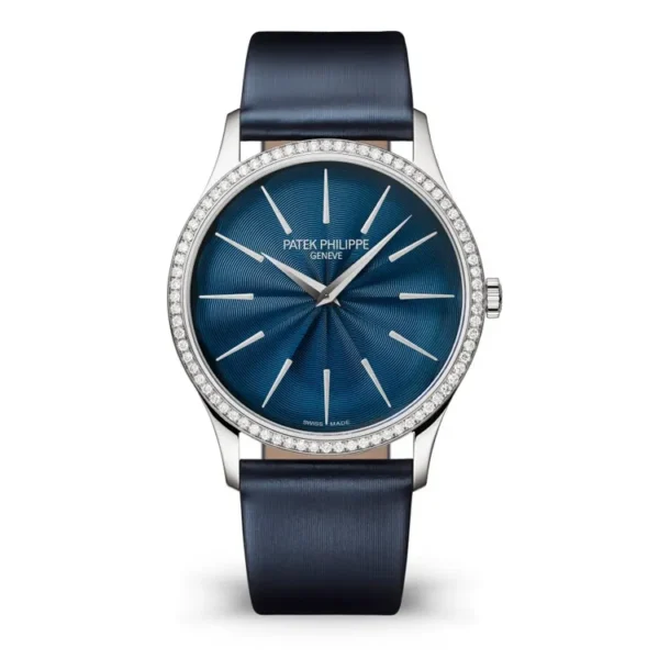 Patek Philippe Ladies Calatrava 4997/200G super clone watch with diamond bezel and blue satin dial.