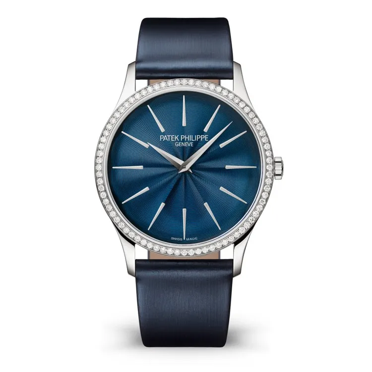 Patek Philippe Ladies Calatrava 4997/200G super clone watch with diamond bezel and blue satin dial.