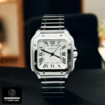 Direct front shot of the Cartier Santos WSSA0029 Super Clone watch, highlighting its Roman numeral dial and polished bezel