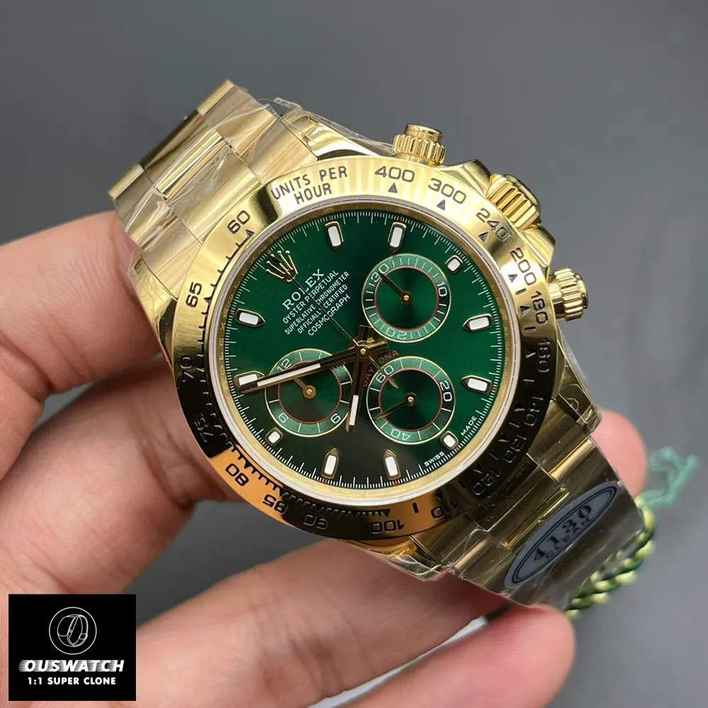 120° angled shot of Rolex Daytona 116508 super clone, revealing the green honeycomb-effect dial and polished case flank.