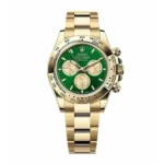 Super clone Rolex Cosmograph Daytona 126508-0008 in 18K yellow gold on a white background, highlighting its polished case and vivid green dial