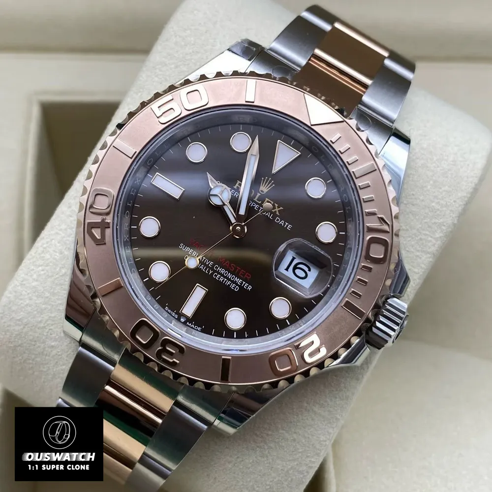 45-degree angle shot of Rolex Yacht-Master 126621-0001 Rose Gold Super Clone watch, emphasizing its luxury 1:1 replica design in warm rose gold