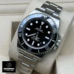 45-degree angle view of the super clone Rolex 124060 Black Submariner Watch, highlighting the polished case sides and black sunburst dial.