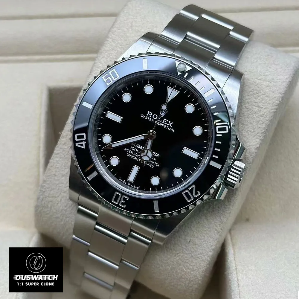 45-degree angle view of the super clone Rolex 124060 Black Submariner Watch, highlighting the polished case sides and black sunburst dial.