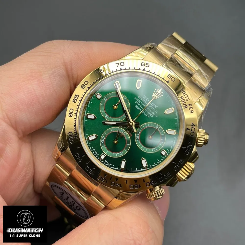 45° perspective of the 18ct gold Rolex Daytona 116508 super clone with green dial, emphasizing bezel facets and case lines.