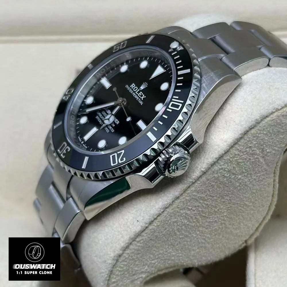 75-degree angle display of the super clone Black-on-Black Submariner Rolex Watch, focusing on the case, bezel teeth, and screw-down crown with Triplock logo.
