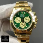 Front-on shot of super clone Rolex Daytona featuring a sunburst green face and contrasting gold subdials.