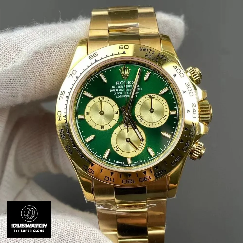 Front-on shot of super clone Rolex Daytona featuring a sunburst green face and contrasting gold subdials.