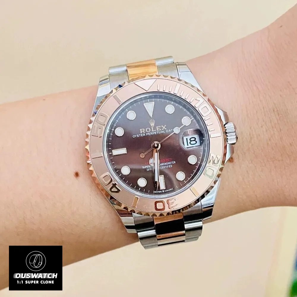 Model wrist shot wearing Rolex Rose Gold Yacht-Master Super Clone watch, demonstrating authentic Swiss-style 1:1 replica luxury
