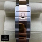 Rolex Yacht-Master 126621 Super Clone watch clasp view, featuring the exact-match Oysterlock safety clasp in polished rose gold