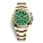 18ct gold Rolex Daytona 116508 super clone on white background, showcasing its emerald-green sunburst dial and polished oyster case.