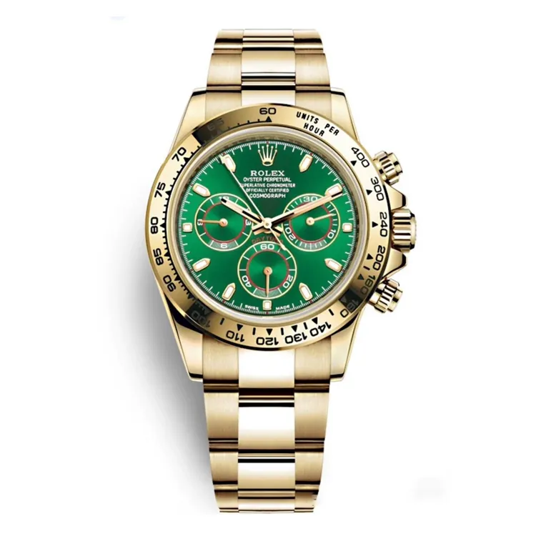 18ct gold Rolex Daytona 116508 super clone on white background, showcasing its emerald-green sunburst dial and polished oyster case.